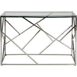 Sortie ❤️ Console Gris - Plateau Verre Pieds Métal 120 X 40 Cm ???? -Buffets Shop console gris plateau verre pieds metal 120 x 40 cm 02