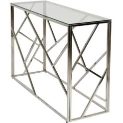Sortie ❤️ Console Gris - Plateau Verre Pieds Métal 120 X 40 Cm ???? -Buffets Shop console gris plateau verre pieds metal 120 x 40 cm 04