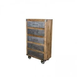 Promo ???? Semainier En Zinc Et Bois Ciré 5 Tiroirs Sur Roulettes L78.5 X P41 X H140 ✔️