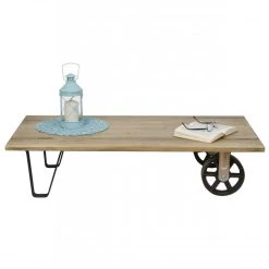 Tout neuf ???? Table Basse Avec 2 Roues En Fonte Style Industriel Vintage – 120 X 60 X 27 Cm ????