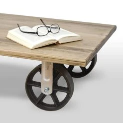 Tout neuf ???? Table Basse Avec 2 Roues En Fonte Style Industriel Vintage – 120 X 60 X 27 Cm ???? -Buffets Shop table basse avec 2 roues en fonte style industriel vintage 120 x 60 x 27 cm 3